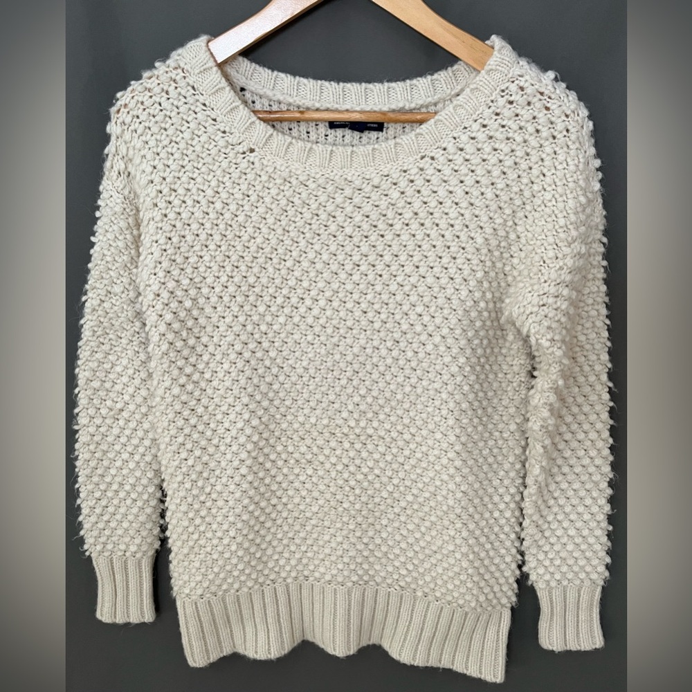 AEO Women's S Cream Wool Alpaca Blend Bobble Knit Crewneck Sweater